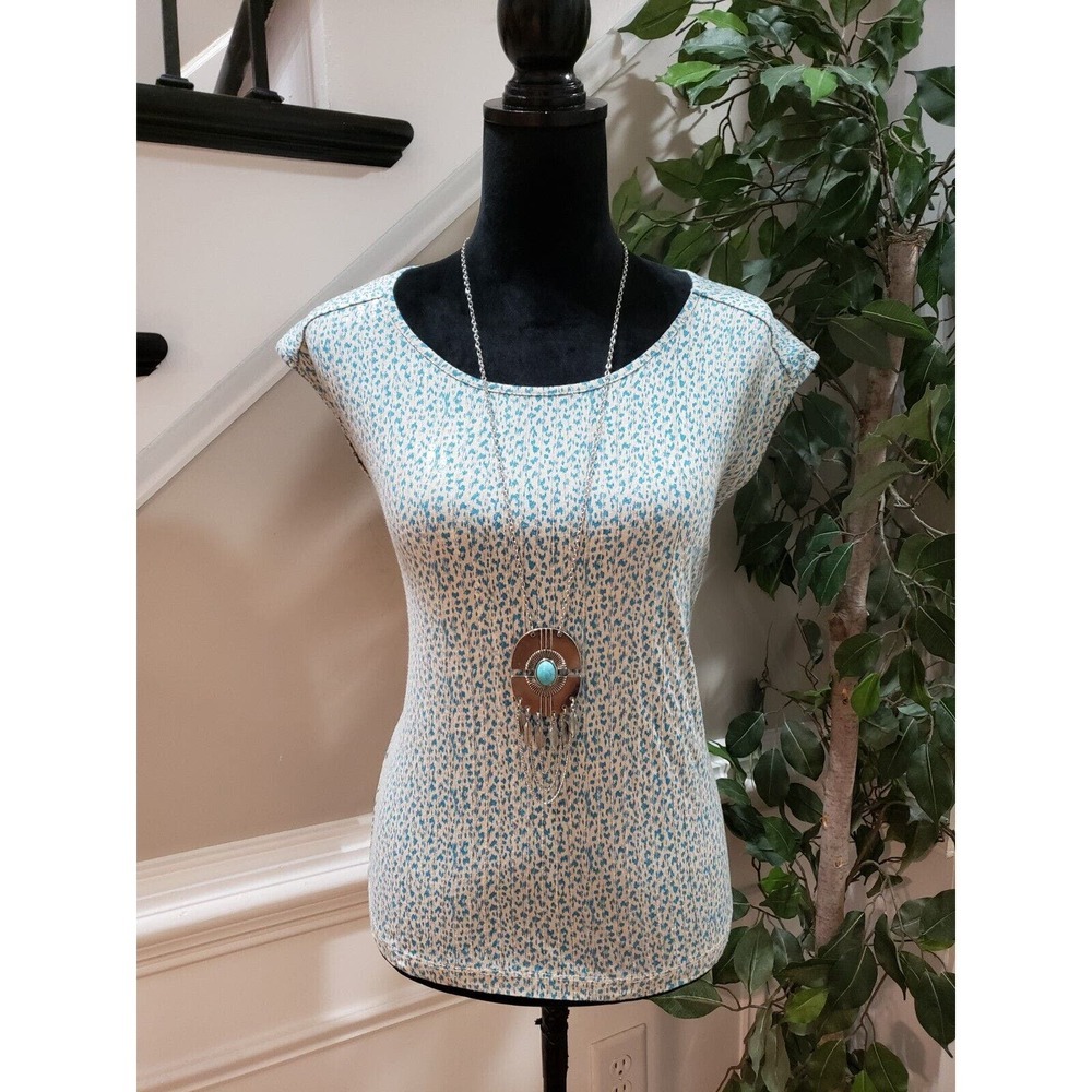 Loft Women's Teal White 100% Cotton Round Neck Sleeveless Top Blouse Size XSP